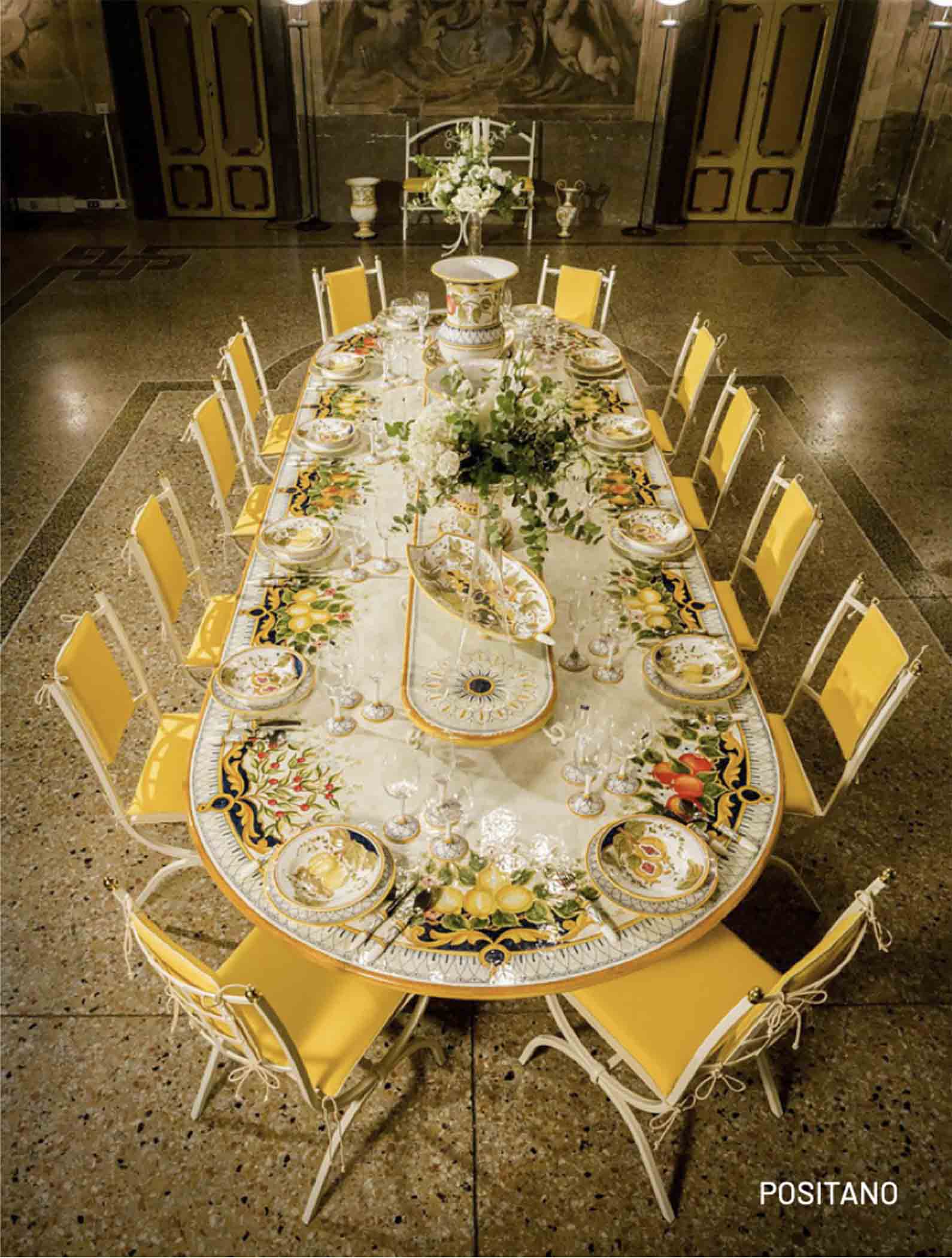 Italian Hand-Painted Ceramic Glazed Oval Volcanic Stone Table - Capri Frutteto