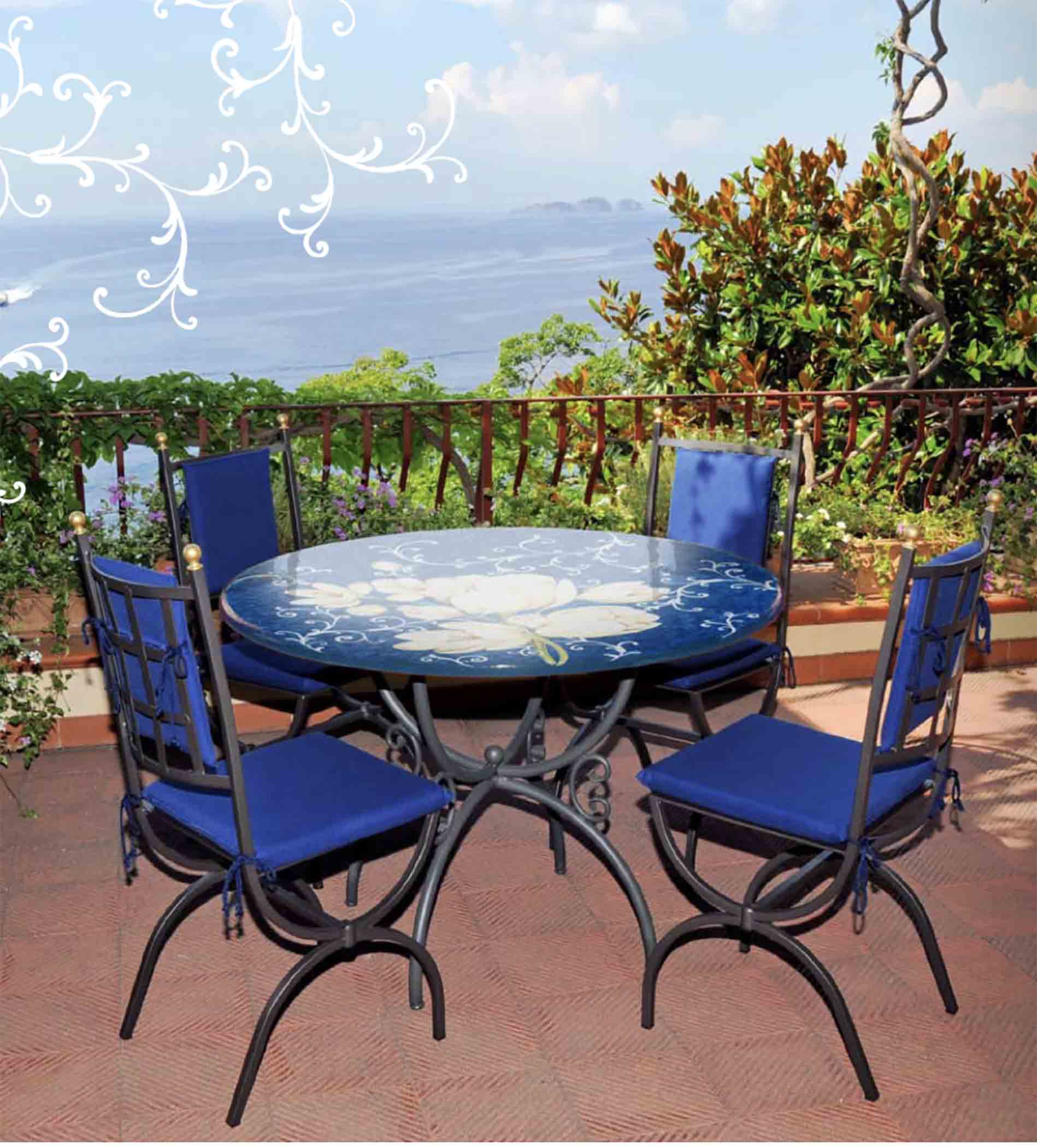 Italian hand-painted ceramic glazed round volcanic stone table in Como Magnolie white flower and blue background design with a classic wrought iron base