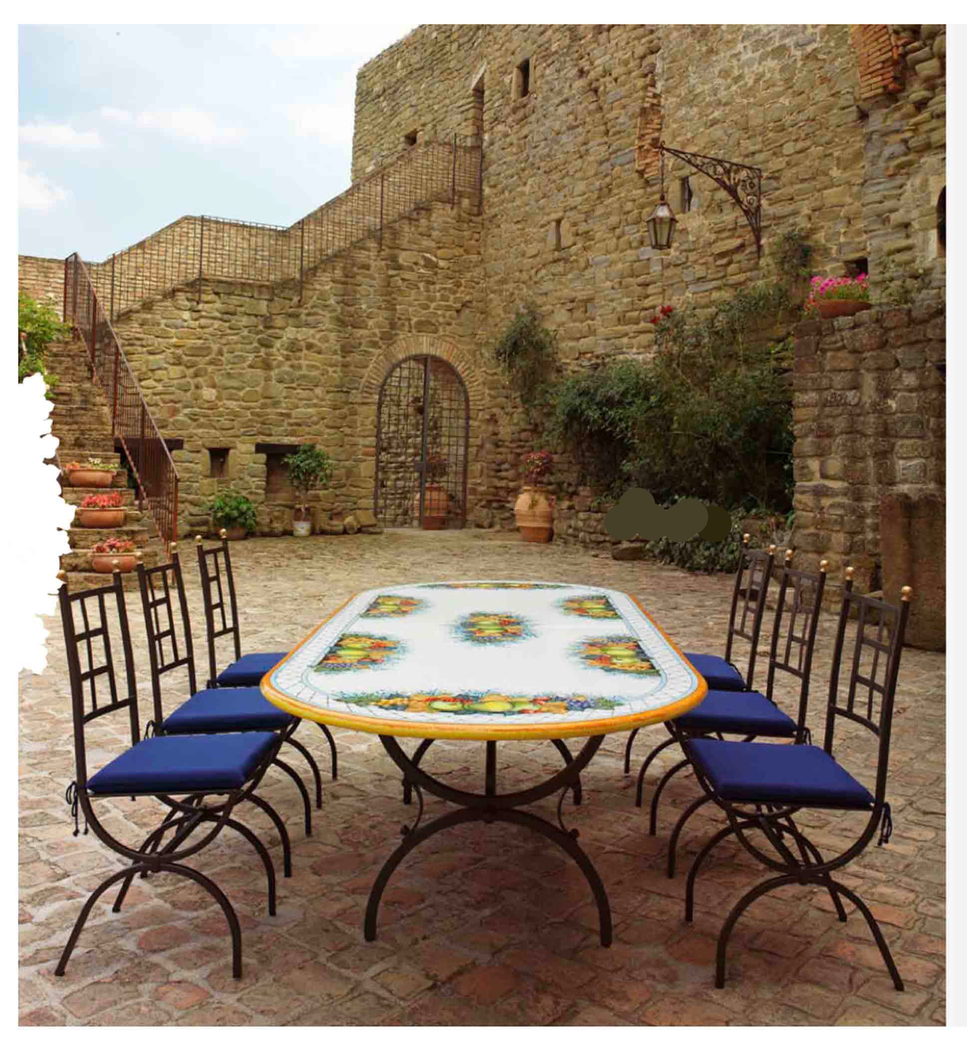 Italian Hand-Painted Ceramic Glazed Oval Volcanic Stone Table - Deruta Abbondanza