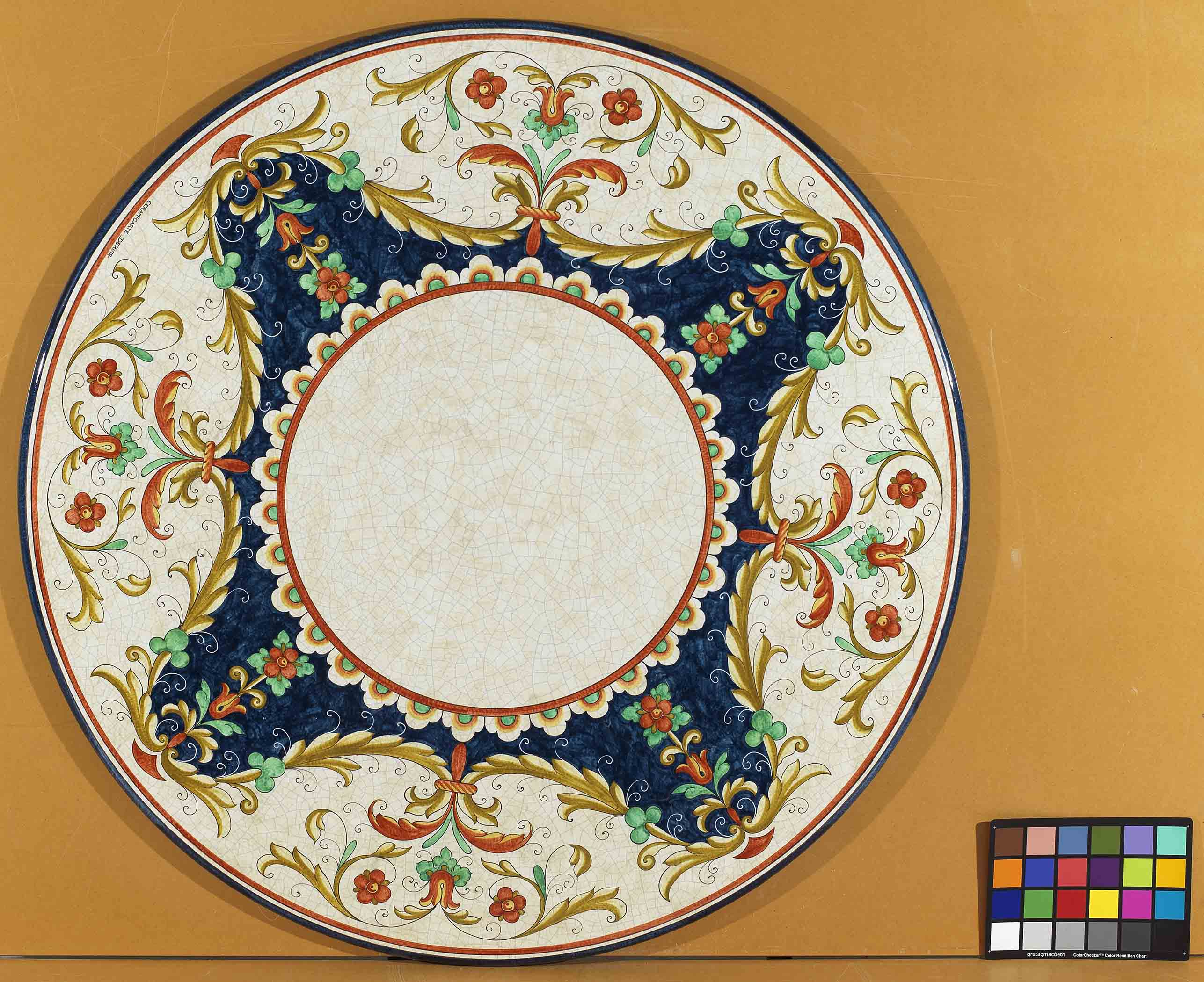 Italian Gubbio Round Lava Stone Ceramic Art Table Design