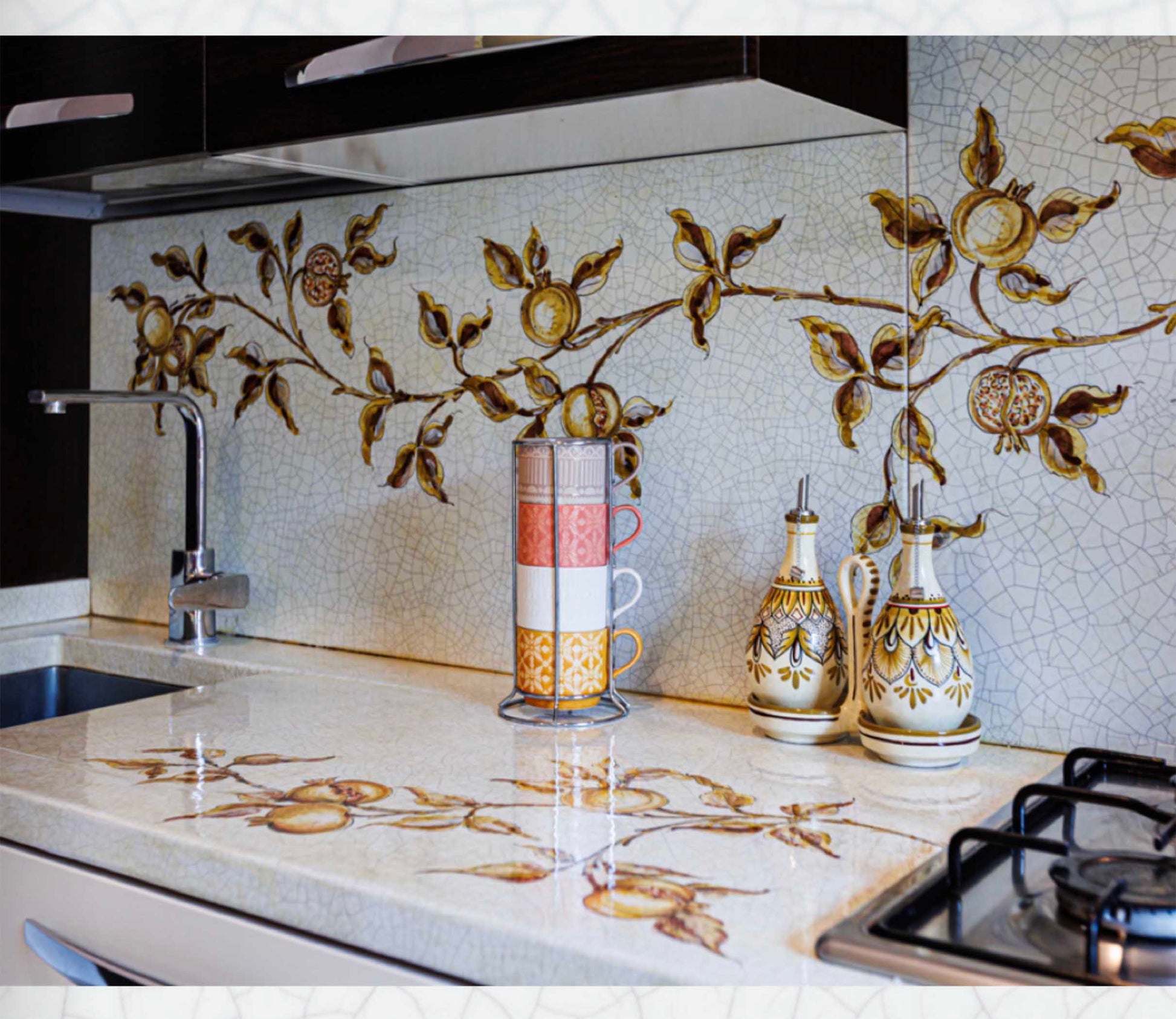 Pomegranate Design Italian Lava Stone Ceramic Art Countertop with Backsplash