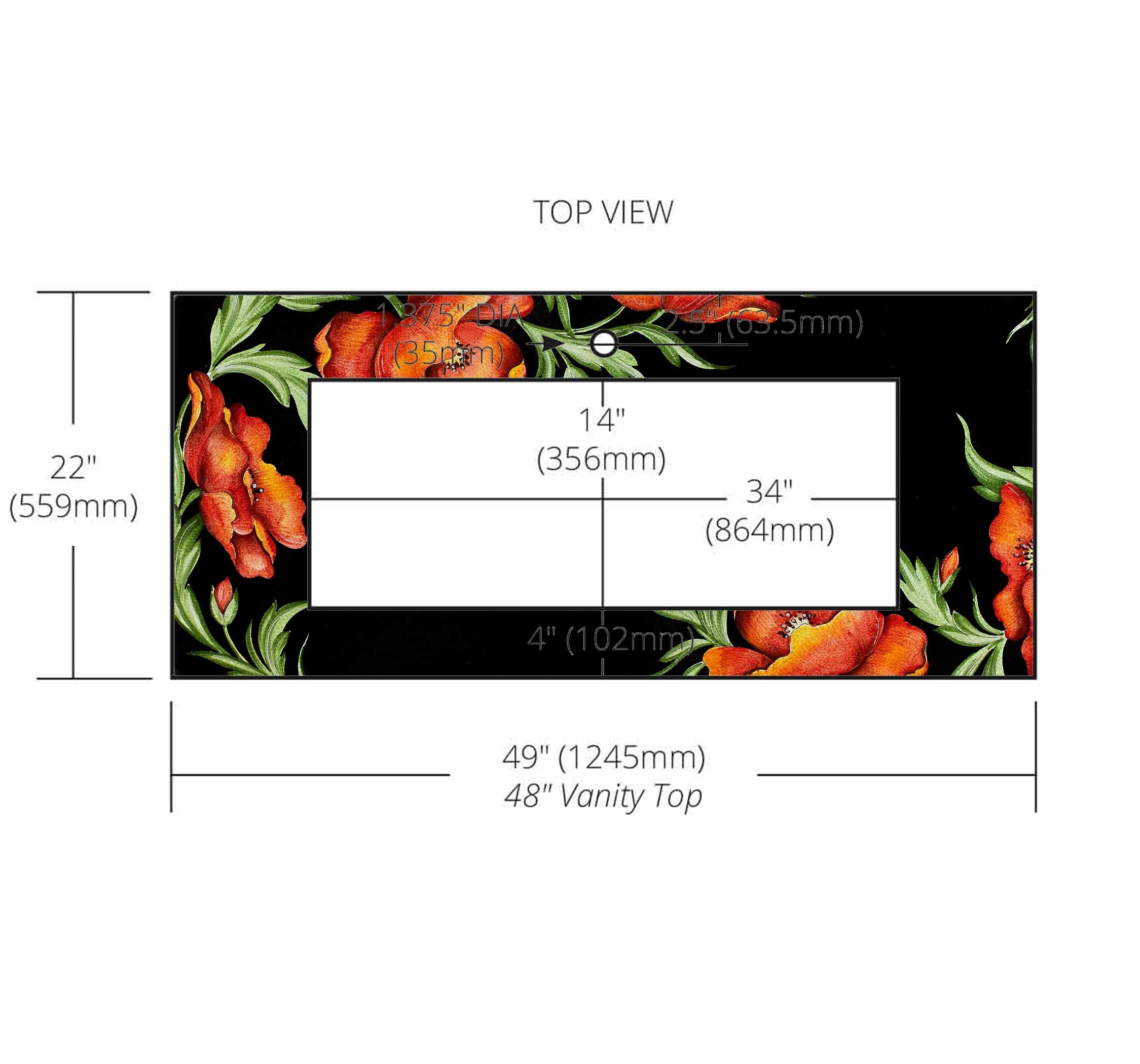 Floral Lava Stone Ceramic Art Large 34x14 Through Cutout Vanity Top