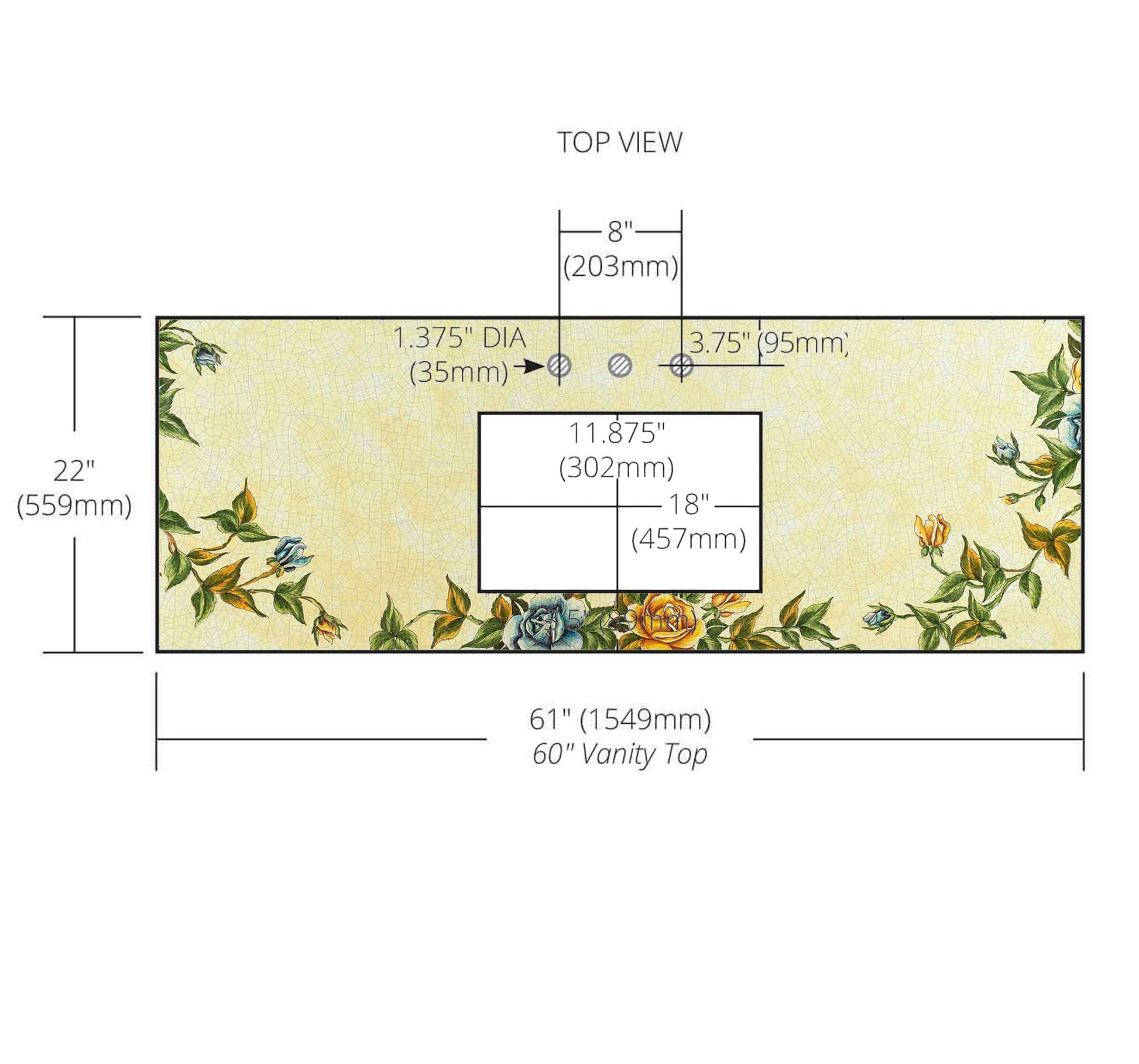 Floral Enameled Glazed Lava Stone Ceramic Art 18x12 Rectangle Cutouts Vanity Top