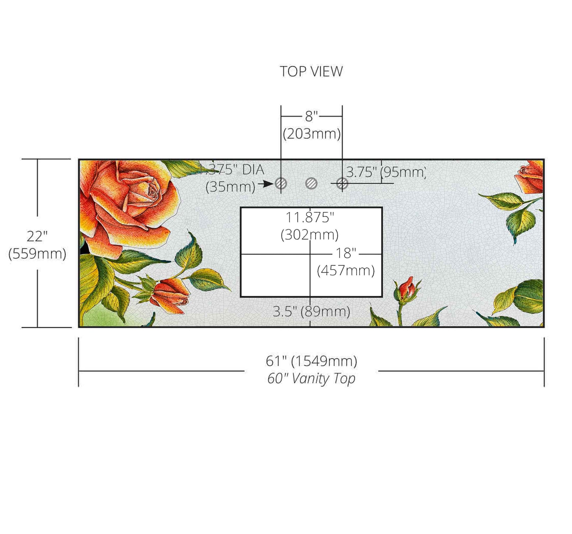 Rose Enameled Glazed Lava Stone Ceramic Art 18x12 Rectangle Cutouts Vanity Top