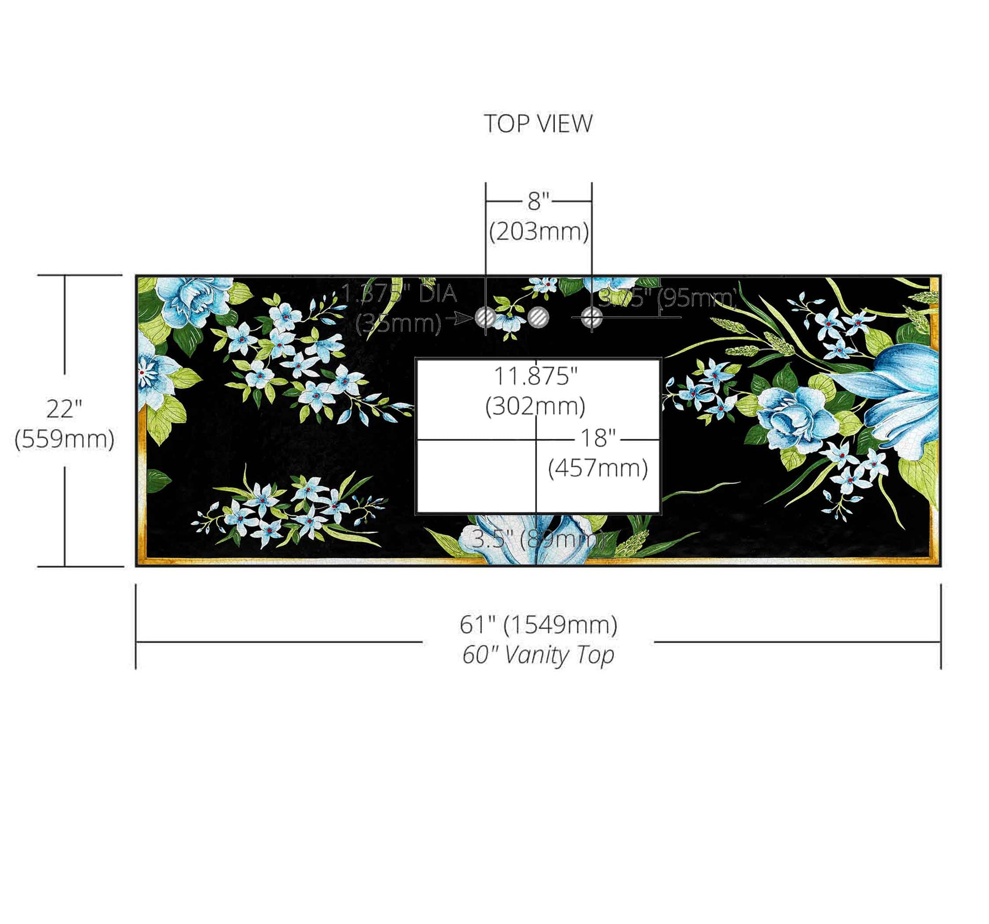 Flower Enameled Glazed Lava Stone Ceramic Art 18x12 Rectangle Cutouts Vanity Top