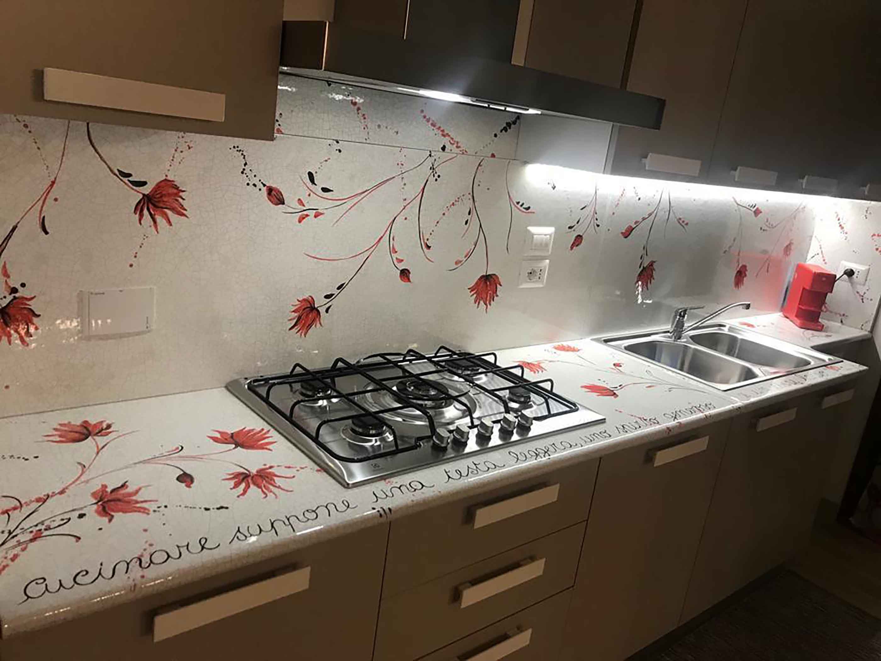 Lava Stone Countertop - Autumn Leaves - with floral-patterned backsplash and countertop