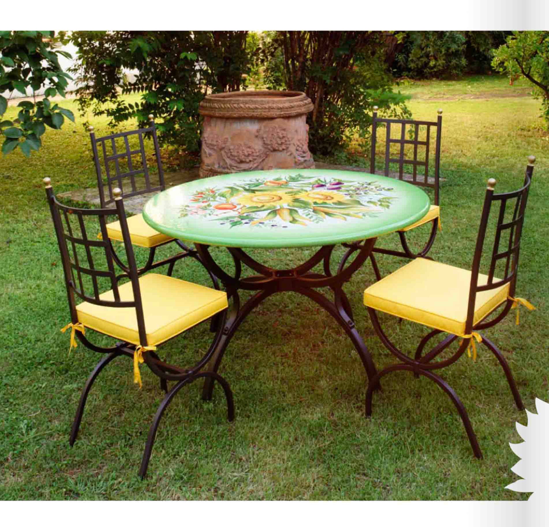 Italian hand-painted ceramic glazed round volcanic stone table in Umbria Raccolto sunflower and country harvest design with a classic wrought iron base