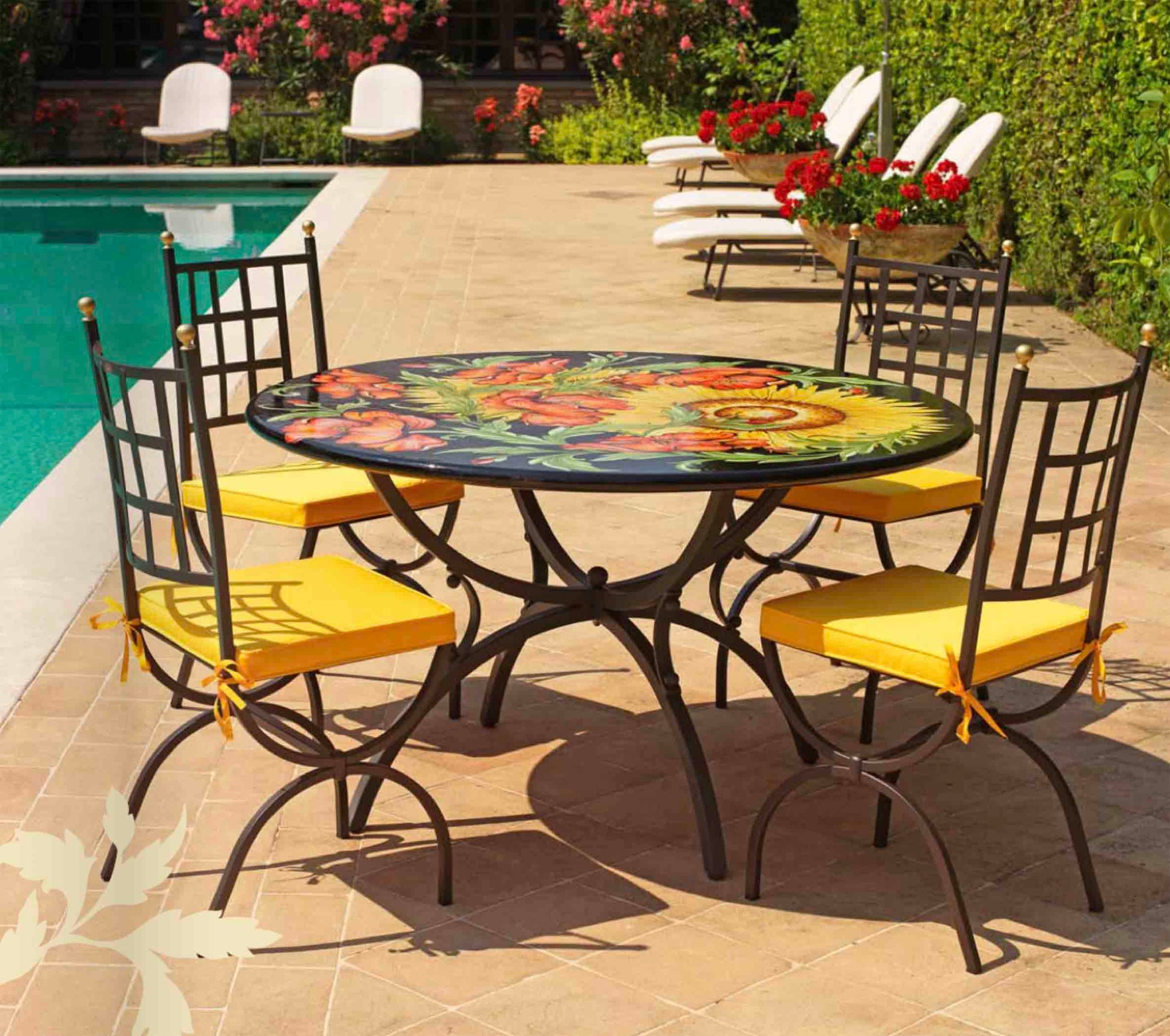 Italian hand-painted ceramic glazed round volcanic stone table in Lucca Campagna sunflower and red poppy design with a classic wrought iron base