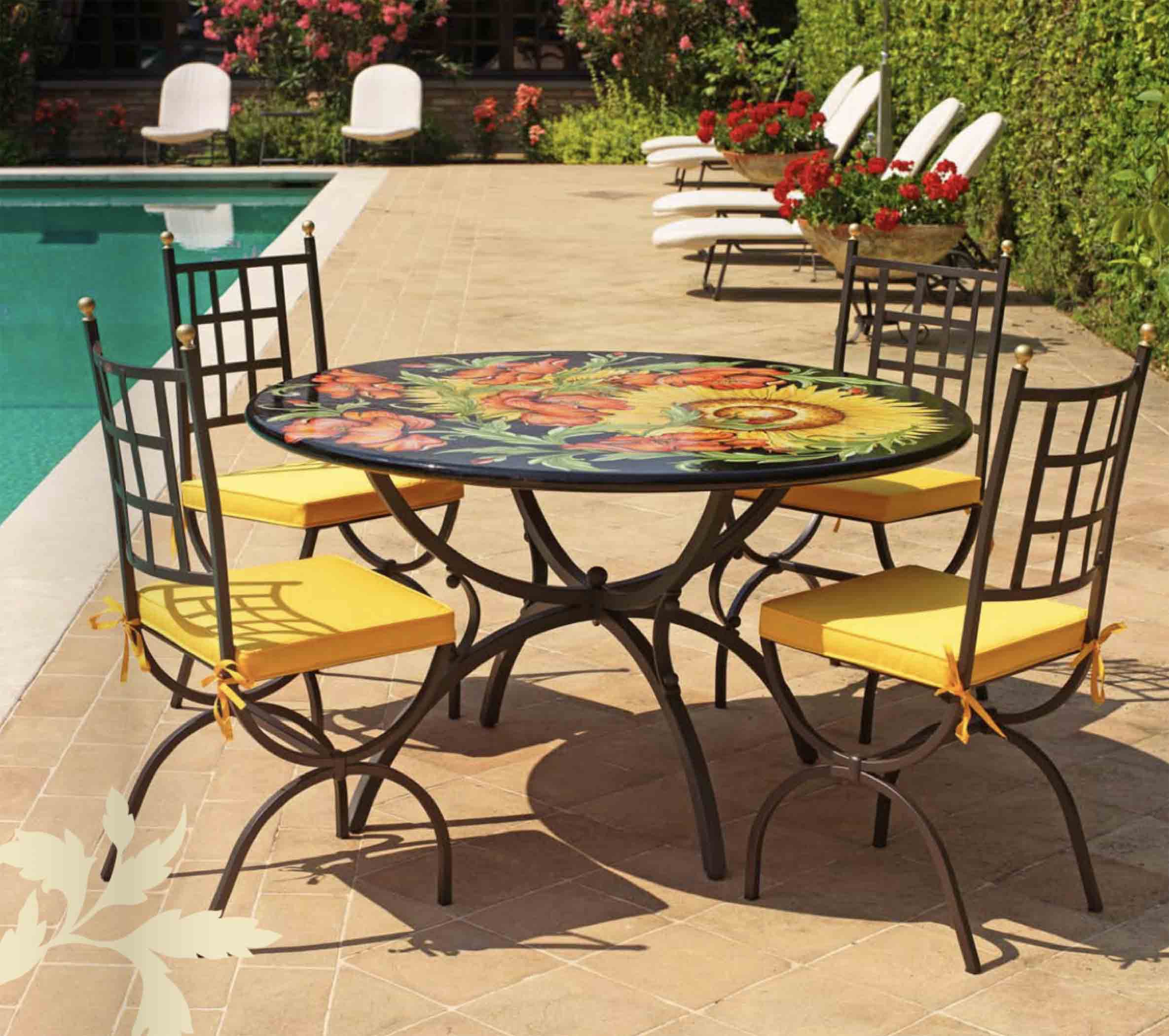 Italian hand-painted ceramic glazed round volcanic stone table in Lucca Campagna sunflower and red poppy design with a classic wrought iron base