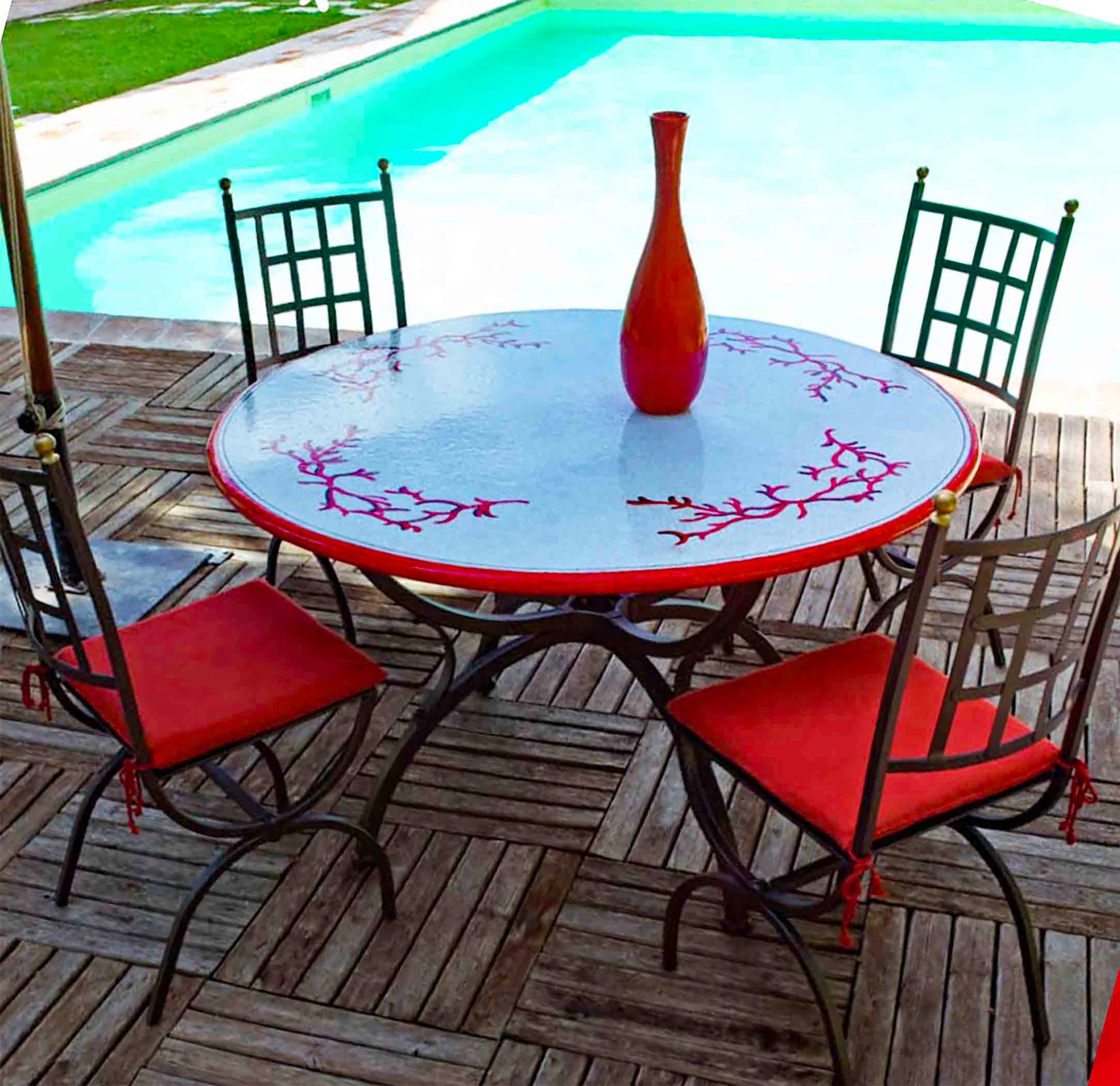 Italian hand-painted ceramic glazed round volcanic stone table in Sardegna Corallo red coral design with a classic wrought iron base