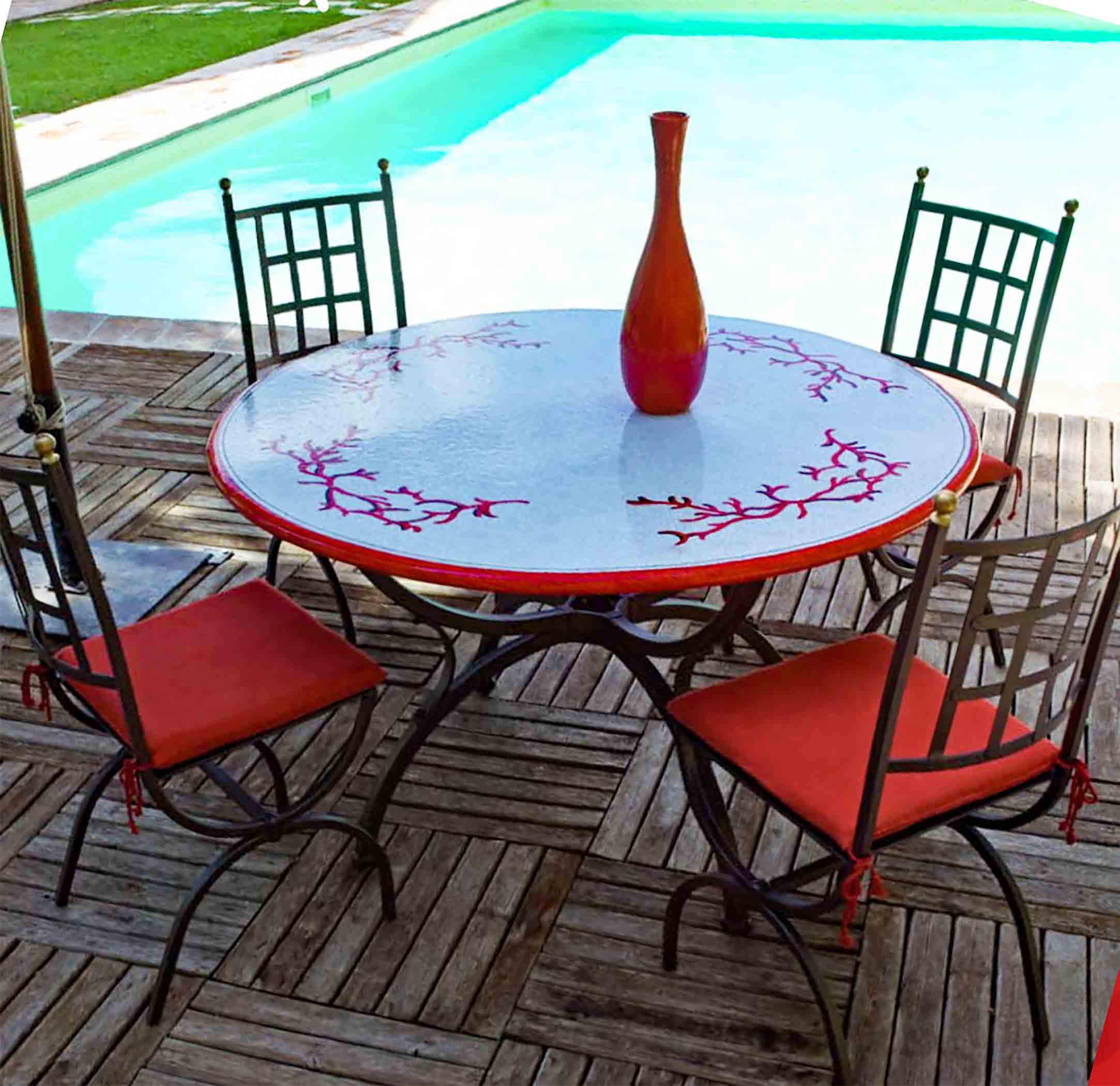 Italian hand-painted ceramic glazed round volcanic stone table in Sardegna Corallo red coral design with a classic wrought iron base