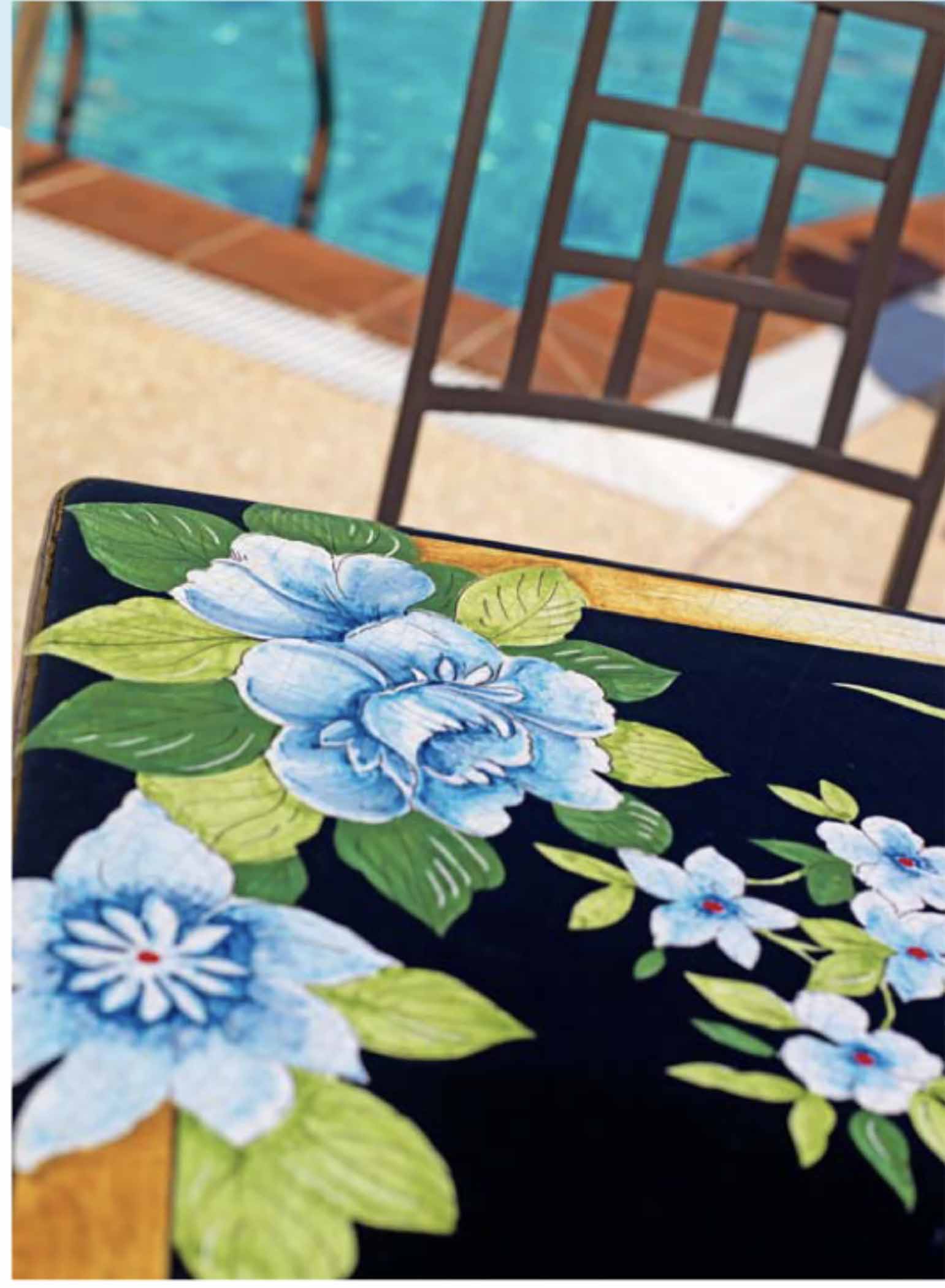 Zara Blue Flowers Rectangular Lava Stone Ceramic Table Details