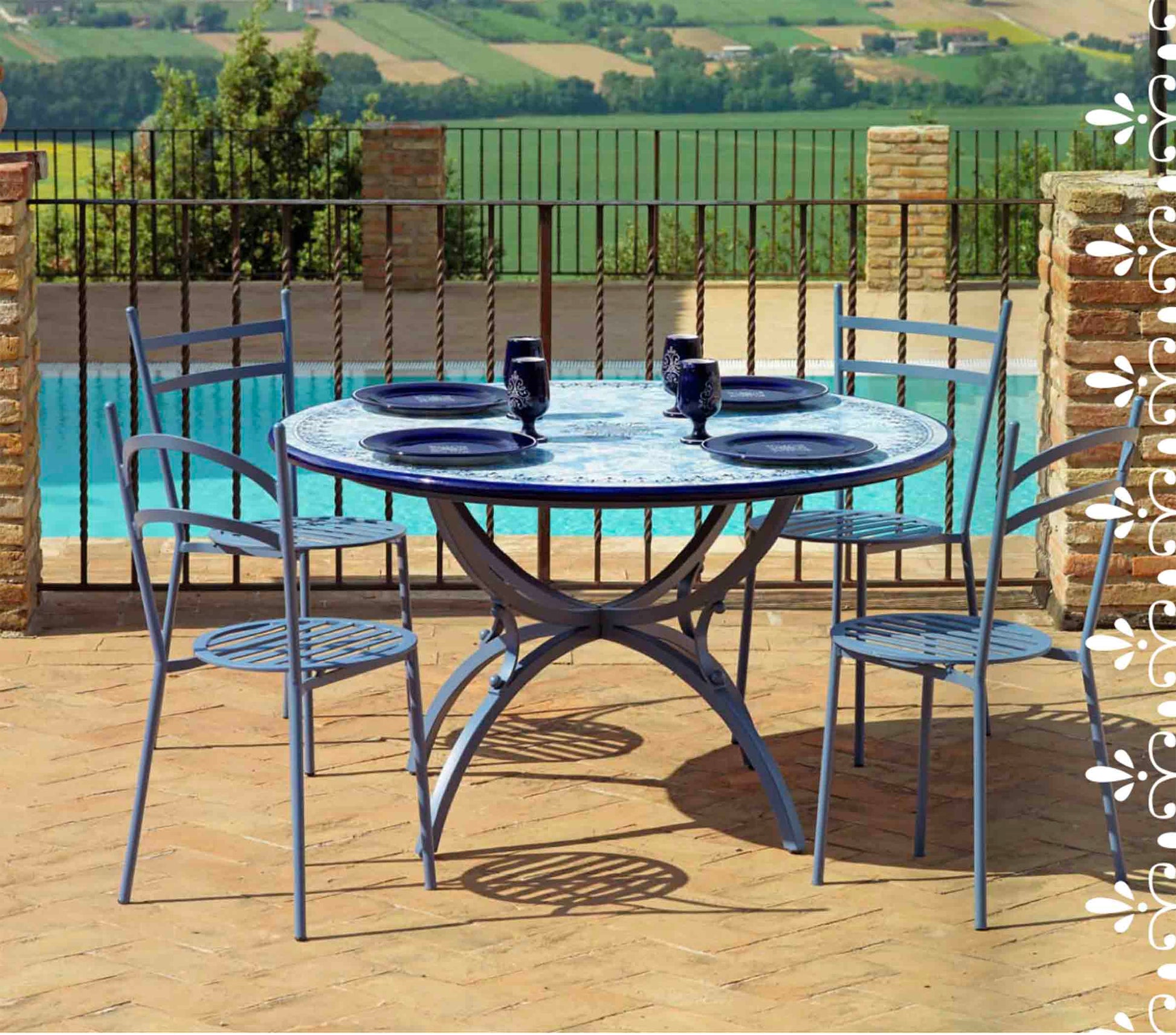 Italian hand-painted ceramic glazed round volcanic stone table in Amalfi Marina blue marbled design with a classic wrought iron base