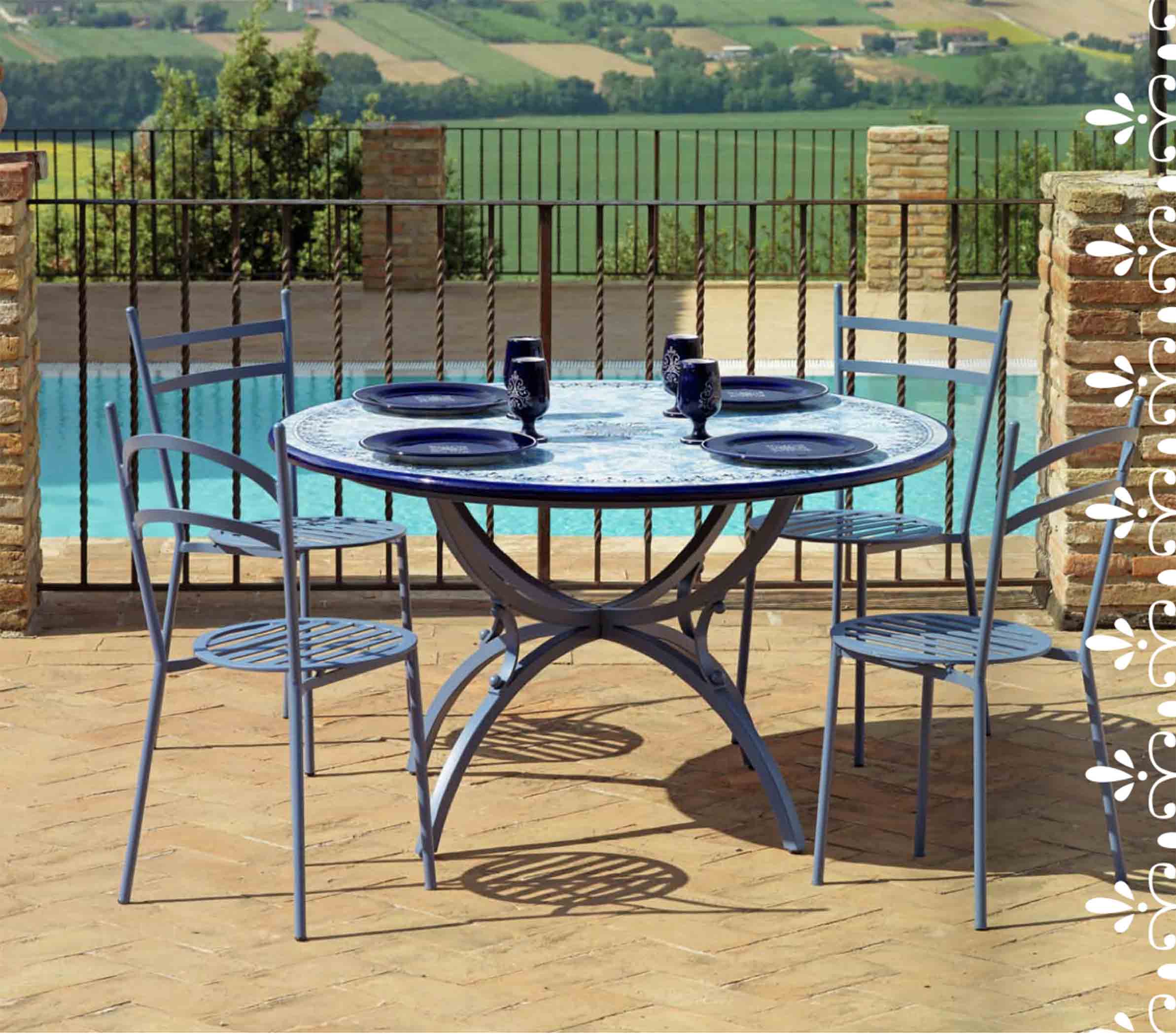 Italian hand-painted ceramic glazed round volcanic stone table in Amalfi Marina blue marbled design with a classic wrought iron base