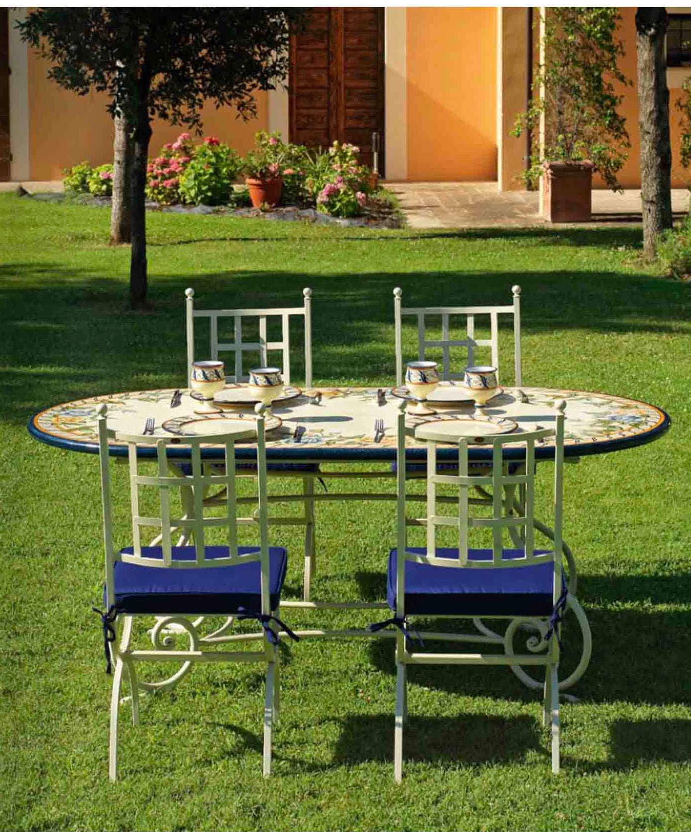 Italian Hand-Painted Ceramic Glazed Oval Volcanic Stone Table - Bellagio Fiorito