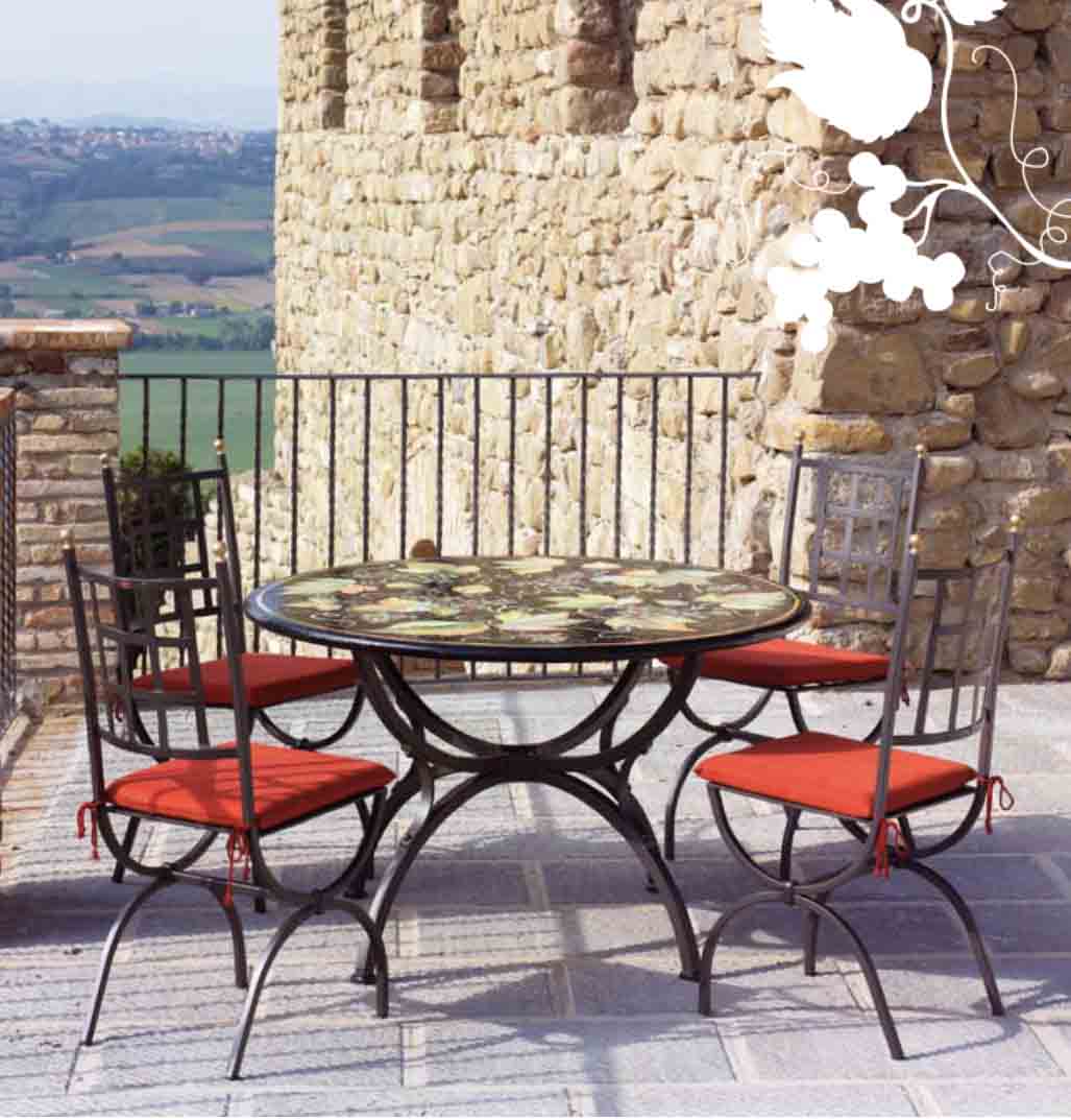 Italian hand-painted ceramic glazed round volcanic stone table in Montalcino Vendemmia black vineyard canopy design with a classic wrought iron base