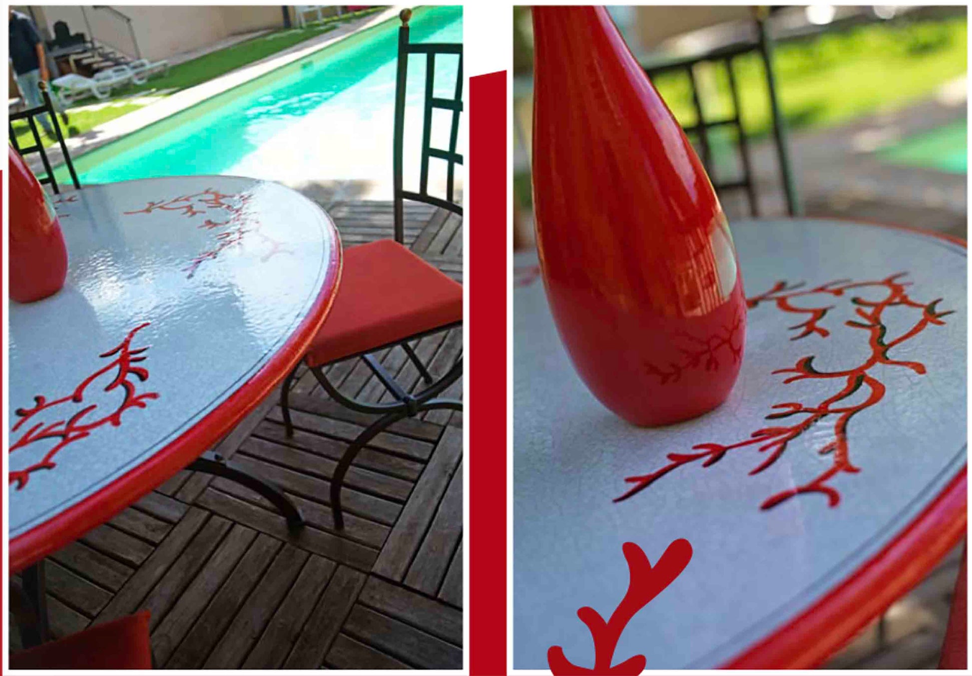 Side profile showing the smooth red edge finish and custom thickness choices of a glazed round volcanic stone table top
