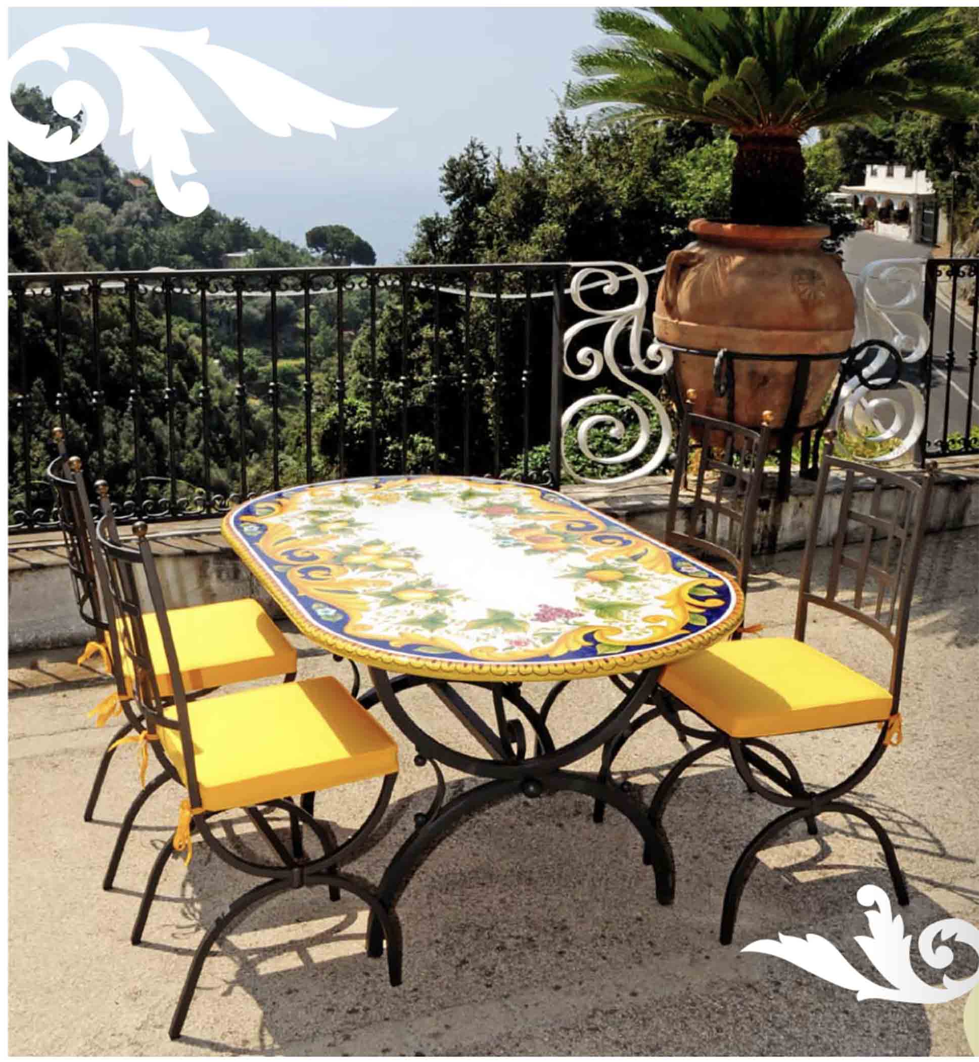 Italian Hand-Painted Ceramic Glazed Oval Volcanic Stone Table - Sorrento Rinascimento